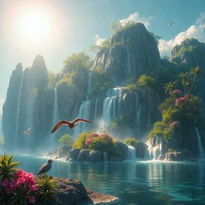 The primary subject of the image is a bird perched on a rock near a waterfall. The setting is a beautiful, lush, tropical environment with a mountainous backdrop. The visual style is a digital art illustration, creating a vibrant and colorful atmosphere. The dominant colors include shades of blue, green, and pink, reflecting the natural beauty of the scene.